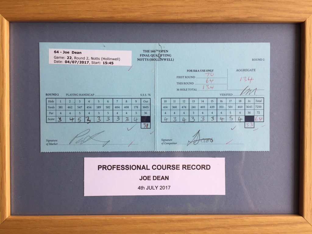 Hollinwell's tweet image. The scorecard of @joedean_golf for his new course record of 64 at this years @TheOpen #FinalQualifying