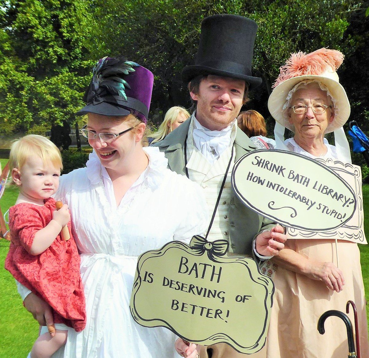 SaveBathLibrary's tweet photo. Regency library protesters doing Jane Austen proud https://t.co/fLyJtA4RBL