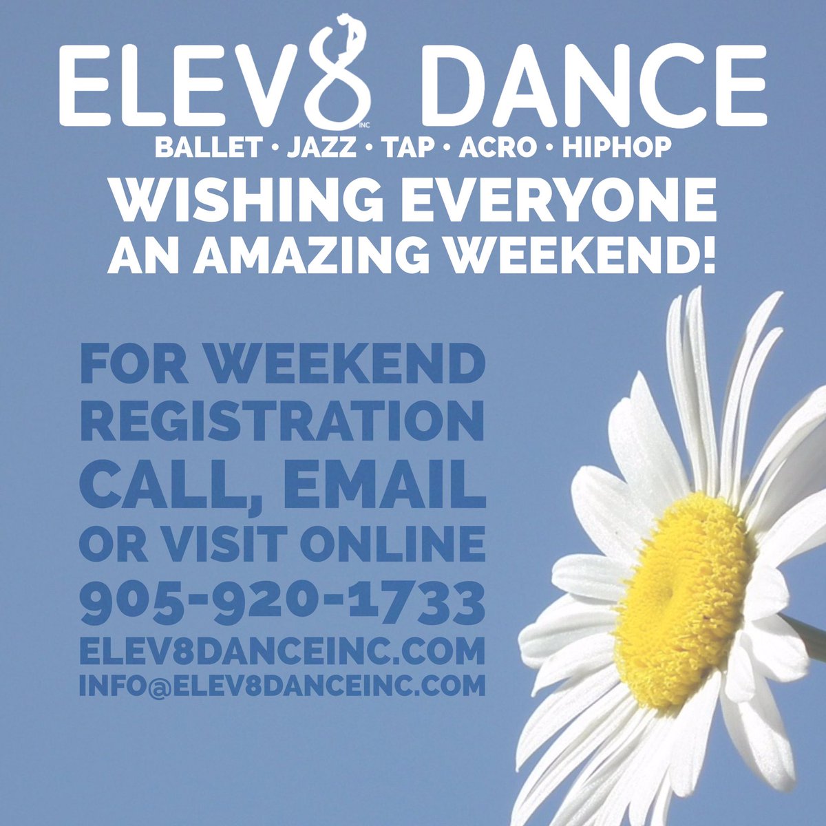 elev8danceinc's tweet photo. Wishing everyone a happy weekend! It's not too late to enrol in dance classes. Call, email or visit online to ensure your spot ;) #hamont https://t.co/E21bXoySN3