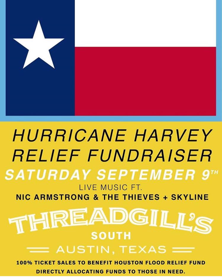 TONIGHT: <a href="/NicArmstrongXXX/">Nic Armstrong Music</a> &amp; <a href="/skylinetheband_/">Skyline</a> donating 100% of tix sales to #Houston #Harvey Flood Relief! ❤️Doors 8PM, $10 <a href="/goodpartyatx/">Good Party</a>