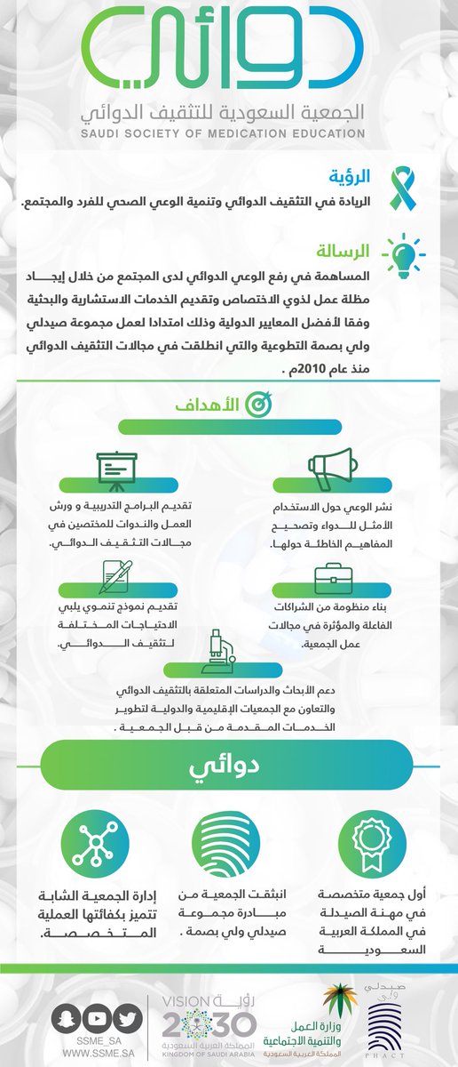 SSME_SA's tweet photo. بعد التوكل على الله، نعلن عن تدشين #الجمعية_السعودية_للتثقيف_الدوائي وتدشين الهوية والموقع الرسمي 

#جمعية_دوائي https://t.co/vwqmRCHE8p