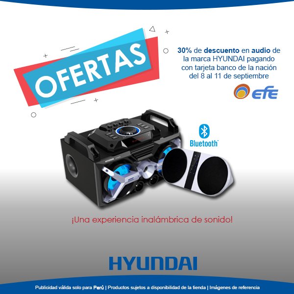 HyundaiElectro's tweet image. Días de ofertas especiales en la #tiendasefe Perú. ¡Renuévate! #parlantes #altavoces #música #Hyundai.