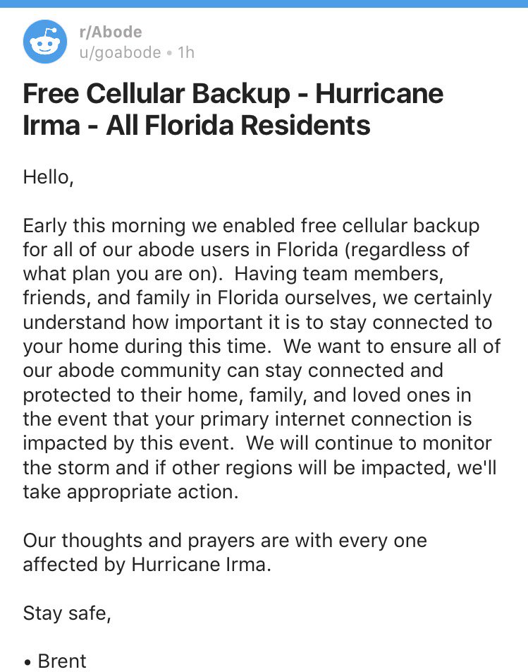 brentfranks's tweet photo. Stay safe, Florida. We're with you! #HurricaneIrma #abode #homesecurity @goabode https://t.co/Xlao0m99ty