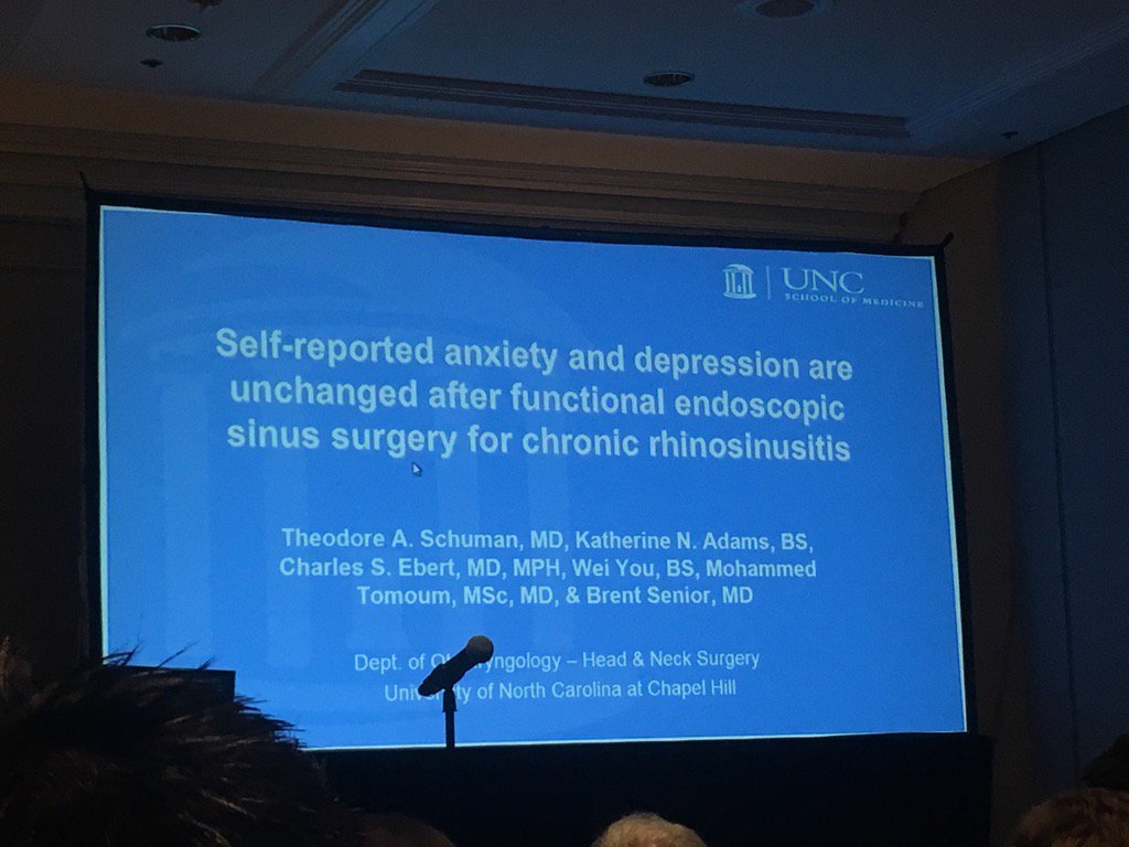 Rhinology_UNC's tweet photo. Dr. Schuman presents long-term follow-up -relationships of CRS and depression/anxiety. #arsfall17 @Rhinology_UNC https://t.co/zbeRfTurQF
