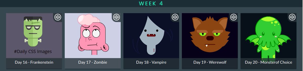 aspaceplant's tweet photo. #DailyCssImage Week 4 recap! Monsters😈
porfolio: https://t.co/uZGQeAbsZs
collection: https://t.co/FtLME4oXms
@code @art @illustration @css https://t.co/TGFNUkB9gH
