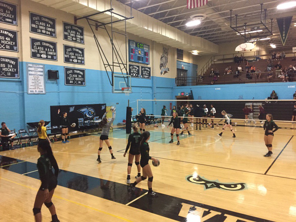 Log401's tweet image. Varsity Volleyball at Westminster Tournament. Warming up for Semi-finals vs Atholton @DHS_Hornets