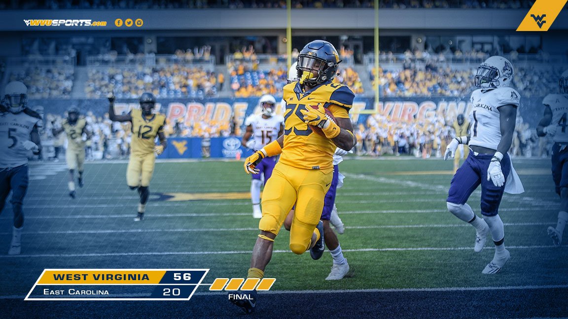 WVUfootball's tweet photo. Cue Country Roads!

Mountaineers beat ECU, 56-20, behind 619 yards of offense and 5 touchdowns from Will Grier.
#HailWV https://t.co/xiNYWVLZGN