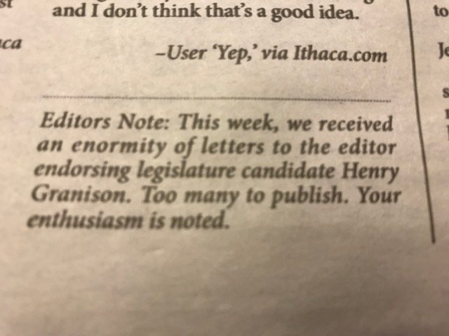 votehenryg's tweet photo. "I love that there is so much support for Henry hat the Ithaca Times can't print all the letters!!" #vote4granison #voteSept12 #twithaca https://t.co/8RN5fiIfCJ
