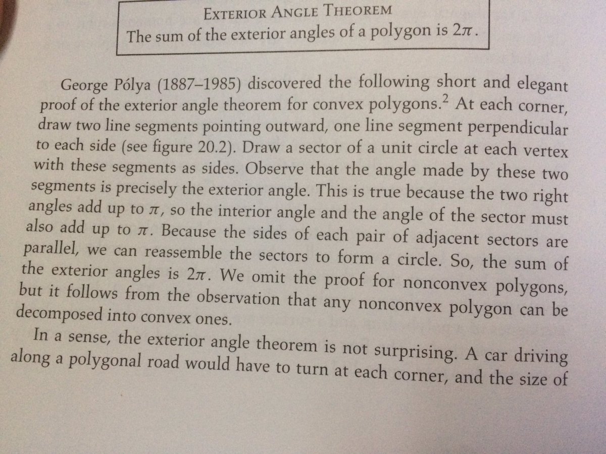 Evelyn Lamb (@evelynjlamb) on Twitter photo TIL this cute proof of the fact that the exterior angles of a convex polygon add up to 2pi. (From <a href="/divbyzero/">Dave Richeson</a>'s book Euler's Gem.) TIL this cute proof of the fact that the exterior angles of a convex polygon add up to 2pi. (From <a href="/divbyzero/">Dave Richeson</a>'s book Euler's Gem.)