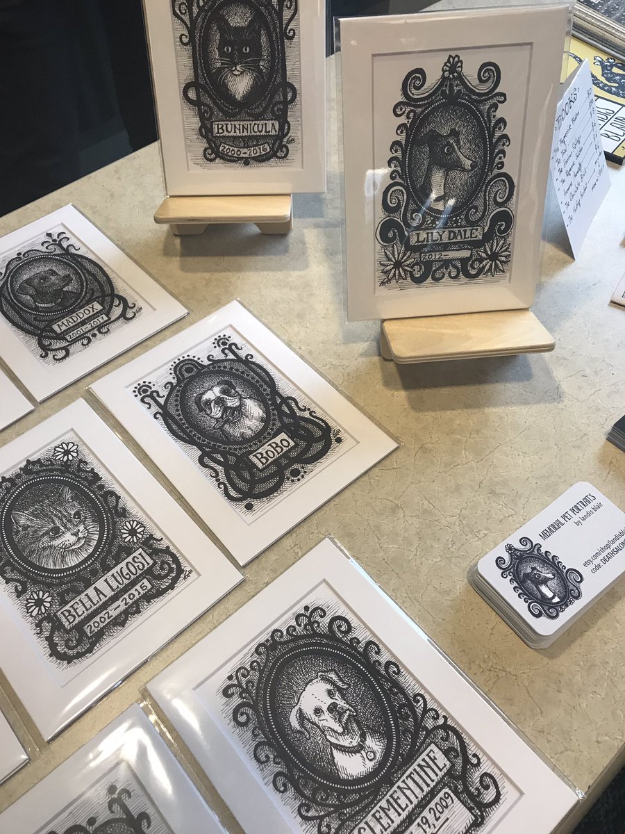 Setting up for our #DeathSalonSeattle evening event - look at @LandisBlair's beautiful memorial pet portraits!!
