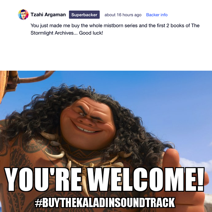 EpicBookMusic's tweet photo. #YoureWelcome @BrandSanderson! #KaladinSoundtrack #StormlightSaturday https://t.co/UftINtnHzj
