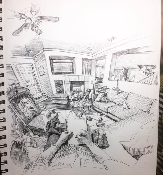 Ballpoint pen sketch of the living room, with dog and plastic slide. Stole my wife's spot for a slightly different angle. 