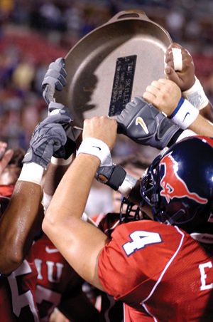 SMU's tweet photo. The @SMU_Football Mustangs off to a 2-0 start with a 54-32 win over UNT! It's a great warm-up for the Iron Skillet next weekend. https://t.co/gC4DaGLTxA