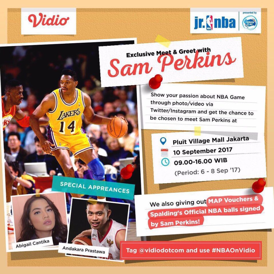 Kamu bisa berkesempatan meet &amp; greet dengan mantan pemain NBA, Sam Perkins, <a href="/Prastawaa/">Andakara Prastawa</a> &amp; @abigailcantika loh disini! Yuk dateng! #NBAonVidio