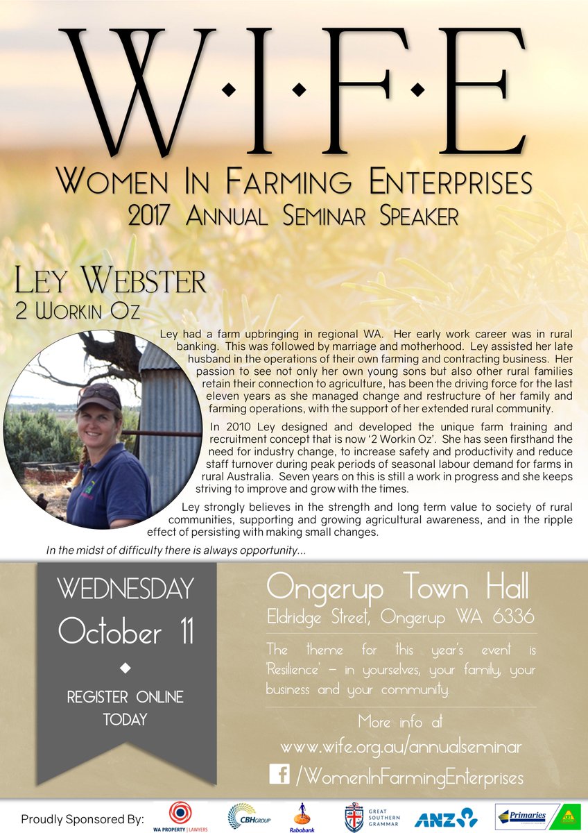 2017 WIFE SEMINAR SPEAKER ANNOUNCEMENT: Ley Webster (2 Workin Oz)
See you in Ongerup on the 11th October.
eventbrite.com.au/e/women-in-far…