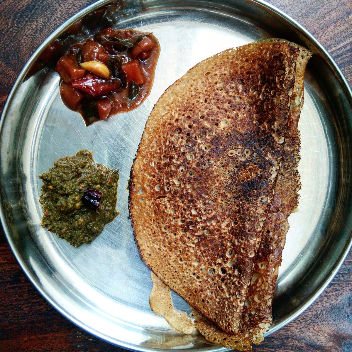 Breakfast is experimental dosai with ~70% (pearl millet + semolina+ oats) flour & rest rice flour. Came out well, thanks to Nandu's skills.