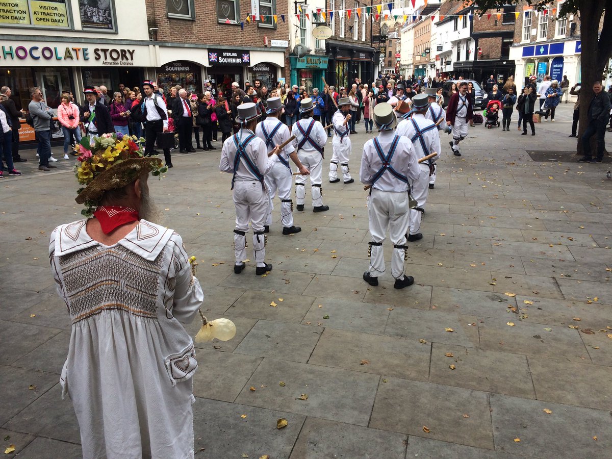 Morris dancing in the square until 1pm today <a href="/ebormorris/">Ebor Morris</a> #festivaloftraditionaldance #morrisdancing #york #yorkshire