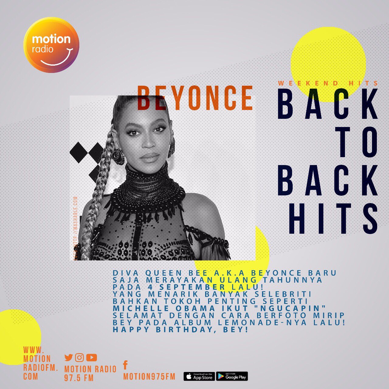 Weekend kamu bakal ditemenin lagu-lagu ENAK dari queen yang baru saja berulang tahun! Happy birthday, Bey! 