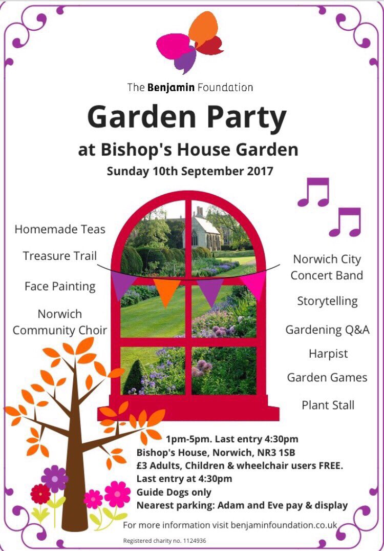 CharityTBF's tweet image. It's Sunday &amp;amp; we are at Bishop's Gardens in Norwich 1-5pm!  Band, choir, storyteller, cake, gardener's question time, harpist, facepainter.