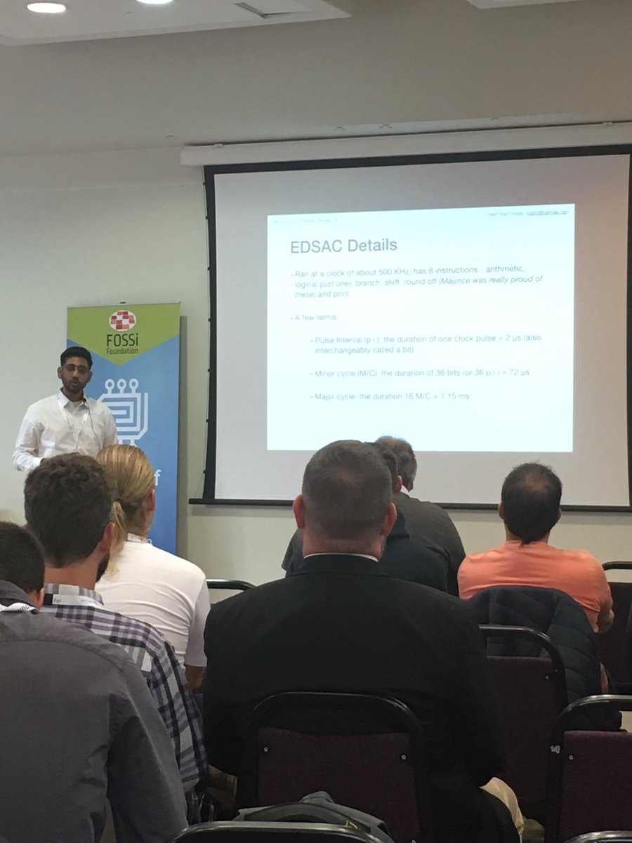 Embecosm's tweet image. Hatim Kanchwala talking about his EDSAC work at ORConf #ORConf2017 #EDSAC #googlesummerofcode