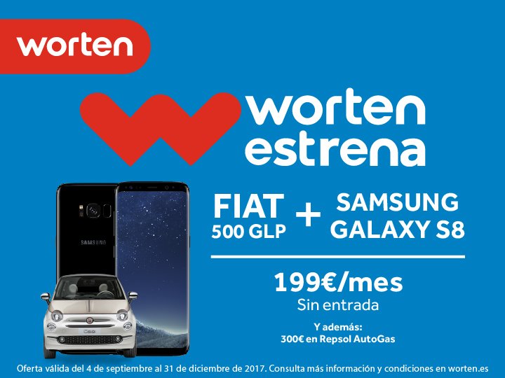 Con #WortenEstrena disfruta por un año de un Fiat 500 y un Samsung Galaxy S8, por solo 199 € al mes y sin entrada 👉bit.ly/2ww2mOK