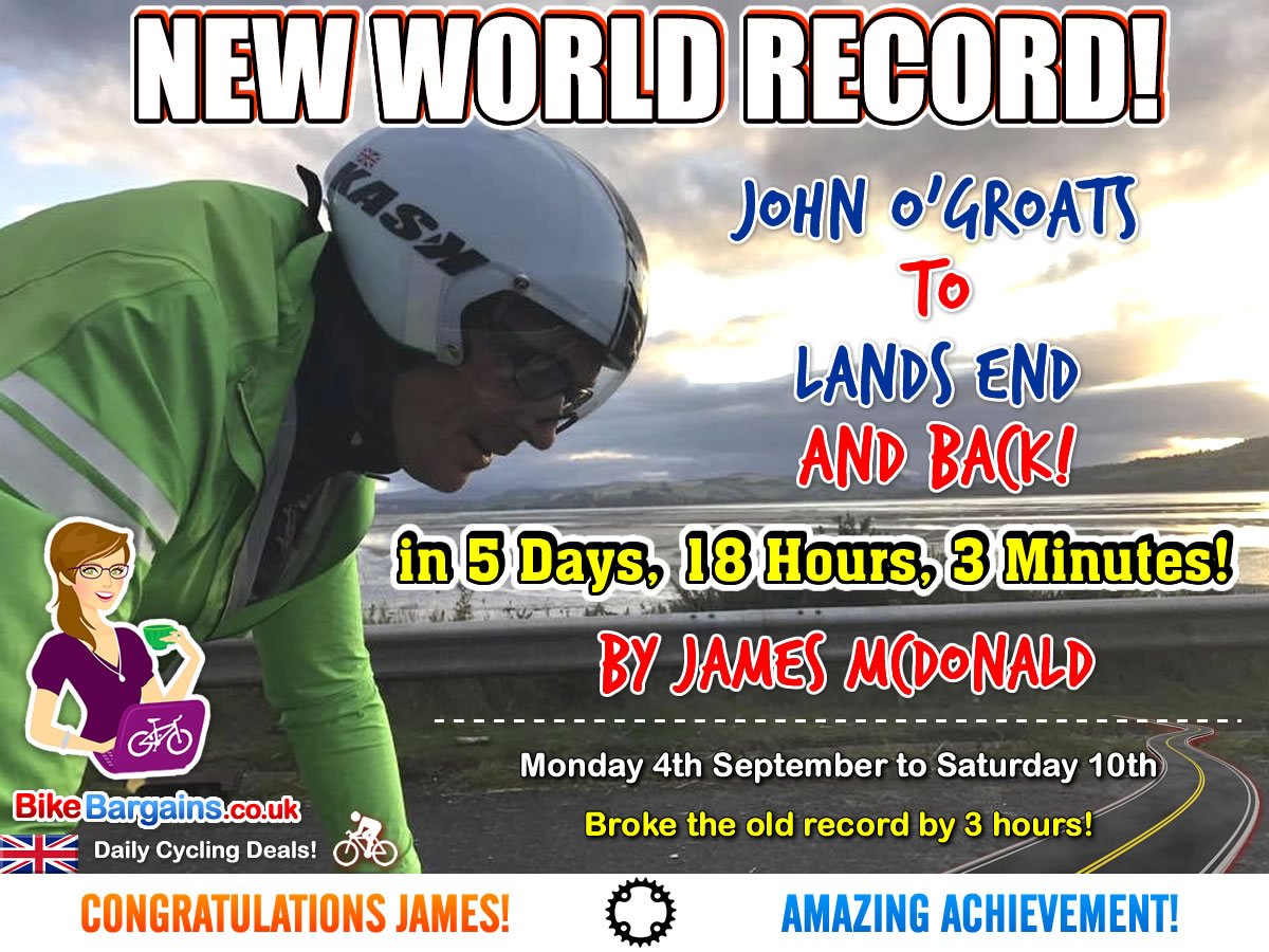 CycleBargains's tweet image. New World Record!
John O'Groats to Lands End &amp;amp; Back in 5 Days 18 Hours 3 Minutes!
Congrats James Mcdonald / @ProjectKansas
Amazing! x