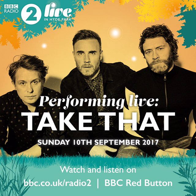 takethat's tweet image. We're headlining @BBCRadio2 Live in Hyde Park today - listen live on BBC Radio 2, on BBC Red Button or watch online: bbc.co.uk/radio2