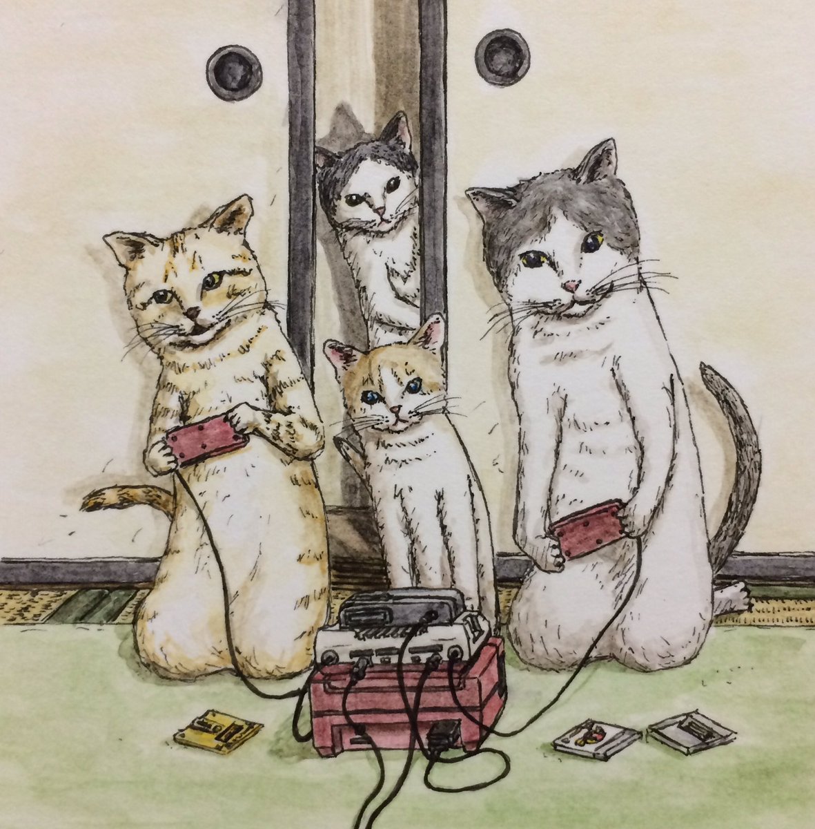 猫とか犬とかアニマルたちが、人間ぽく右往左往する絵を描いています