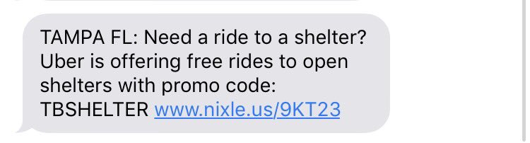 channel1atlanta's tweet photo. NEWS12-NBC26 reports RT JasonWRDW: #TAMPA If you can't get to an open shelter? Uber is offering free rides there. … https://t.co/M0GT5Te5b5
