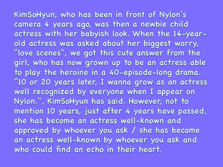 OmoiCieL's tweet photo. <Translate>
#Kimsohyun's part in "영원한 뷰티아이콘!"(17/09/06)
Cr: Nylon (https://t.co/WuK7Z9pb1Q)
#김소현 #金所炫 #キムソヒョン #TranslationPractice https://t.co/xlKRFPv7IO
