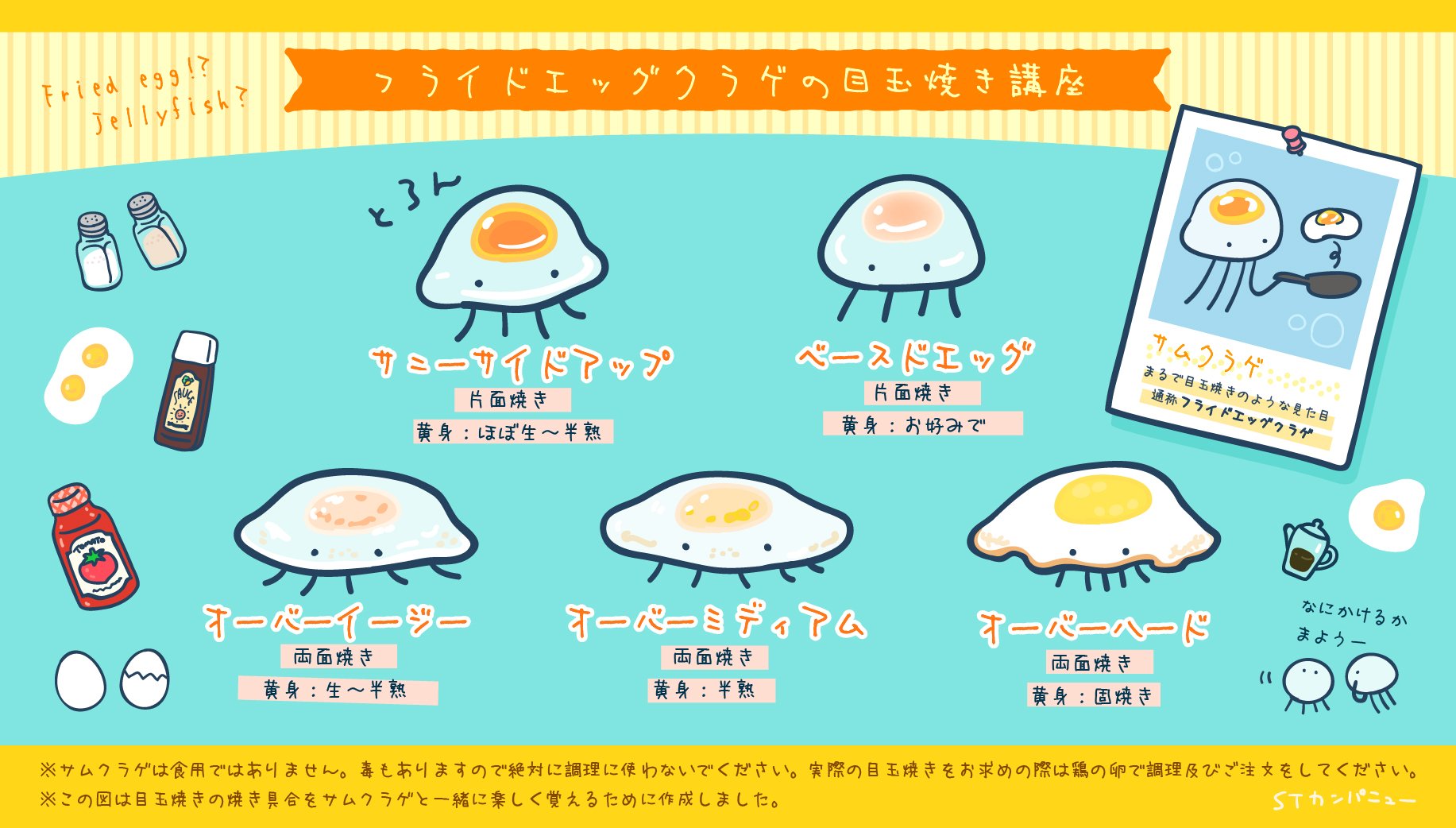 ぺこりねこ Lineスタンプ発売中 在 Twitter 上 サムクラゲ 通称フライドエッグクラゲ と学べる目玉焼きの焼き方分類図を作成しました わかりやすいようなわかりにくいようなですが よろしければご活用ください 目玉焼き くらげの一生 T Co Gzrukm3bvm ぺこりねこ Lineスタンプ発売中 在 Twitter 上 サムクラゲ 通称フライドエッグクラゲ と学べる目玉焼きの焼き方分類図を作成しました わかりやすいようなわかりにくいようなですが よろしければご活用ください 目玉焼き くらげの一生 T Co Gzrukm3bvm