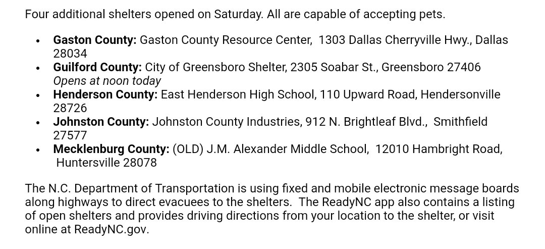 RaleighReporter's tweet image. Here's the list of NC shelters for #HurricaneIrma evacuees who end up in our state