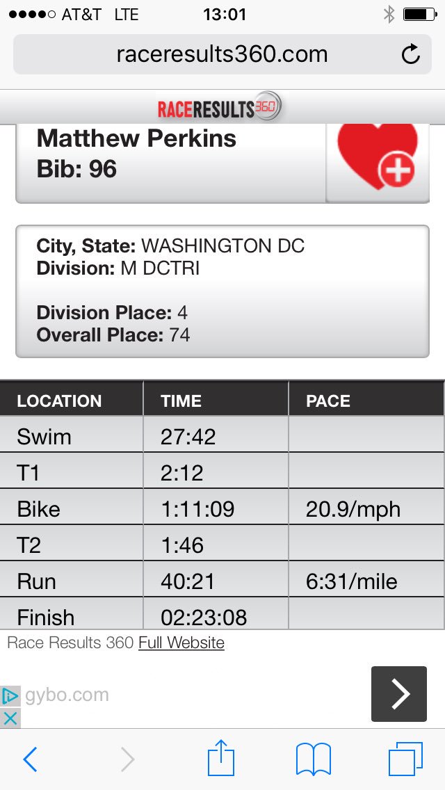 mjp396's tweet photo. Very happy with 2:23! And 40:23 for the 10k run - longest run since #WHWRace. Felt good. #escapeseriestri #NationsTri #IMMD #IRONMANtraining https://t.co/dbtCD3lYtJ