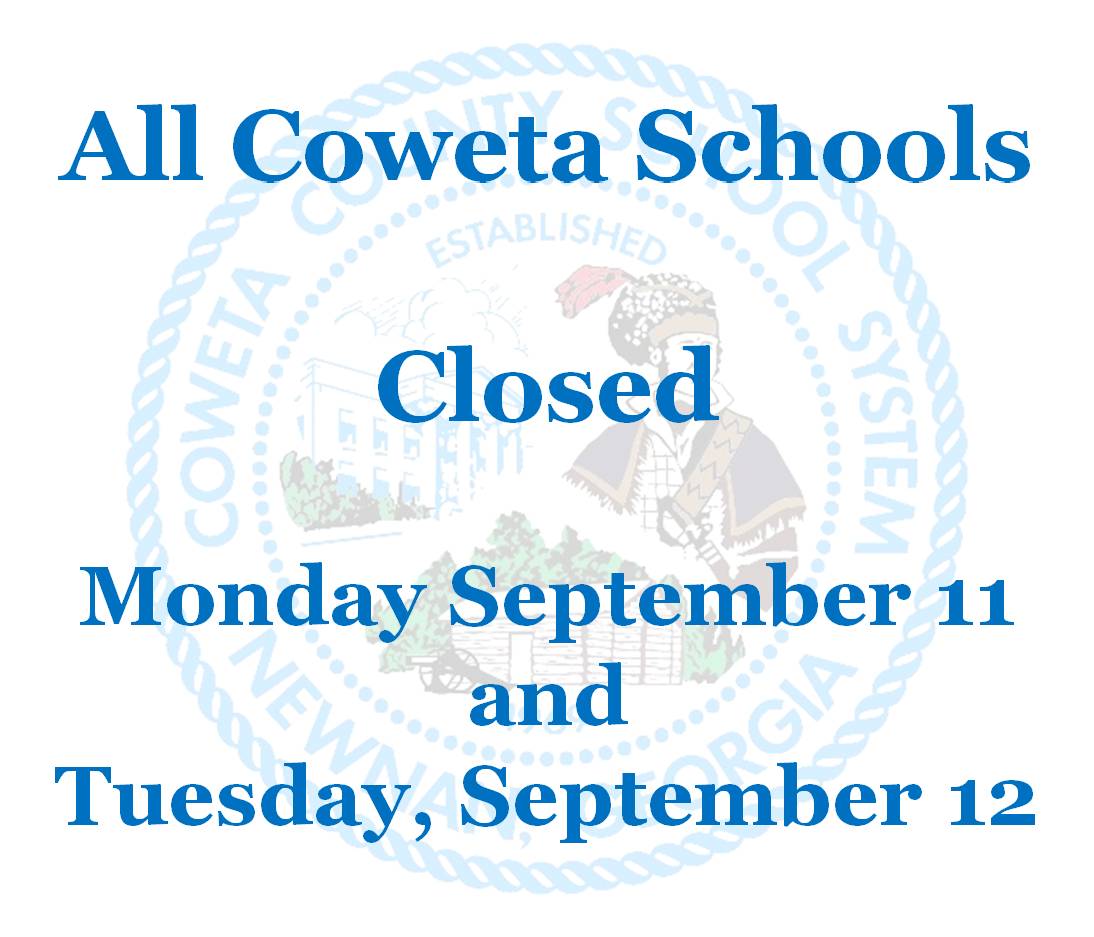 CowetaSchools's tweet photo. All Coweta Schools will be closed Monday, Sept 11 and Tuesday Sept 12, due to severe weather from Hurricane Irma - https://t.co/O4Zz6zA1Fl https://t.co/TBcxfDG0jx
