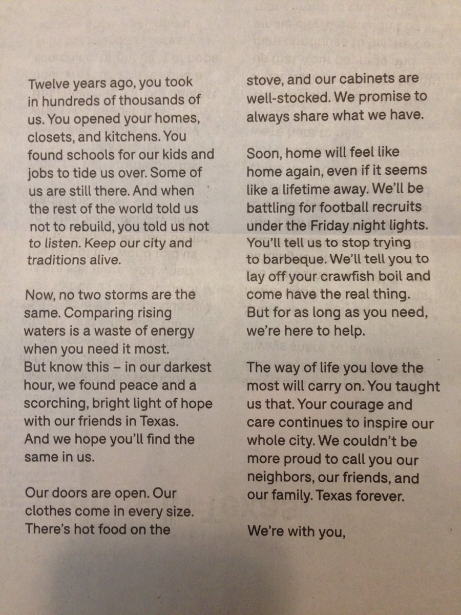 Both the wife and I got a little moist-eye reading this full-page ad in this morning's <a href="/HoustonChron/">Houston Chronicle</a>. Cheers to you, NOLA.
