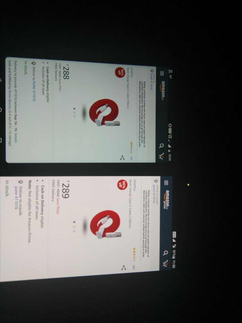 maulik163's tweet photo. @amazonIN Same Product different prices in different devices. Extra rupee for prime membership @amazon @OnePlus_IN @oneplus https://t.co/Y9kMYpuigq