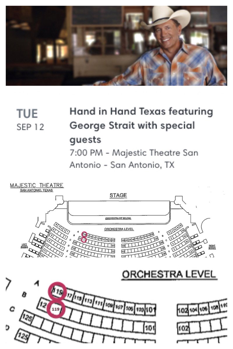tourtexas's tweet photo. For sale: 2 tix Hand in Hand concert w/ @GeorgeStrait. Selling @ face value p/fees $1050 each. Seats 119. Row A &amp; B. See pic. DMsg. #Texas https://t.co/Nws8dIo3Uh