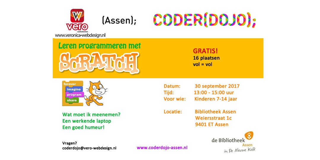 CoderdojoAssen's tweet image. We zijn terug van zomerstop! De volgende Dojo vindt plaats zaterdag 30 september om 13:00 @biebAssen. Aanmelden op eventbrite.nl/e/tickets-code…