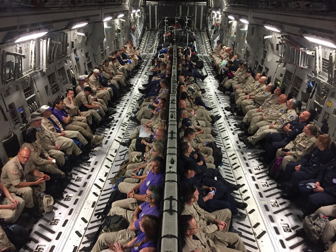 300 doctors, nurses, and paramedics await takeoff on a C-17 before heading to Orlando for Hurricane Irma response

(Photo: U.S. Air Force)