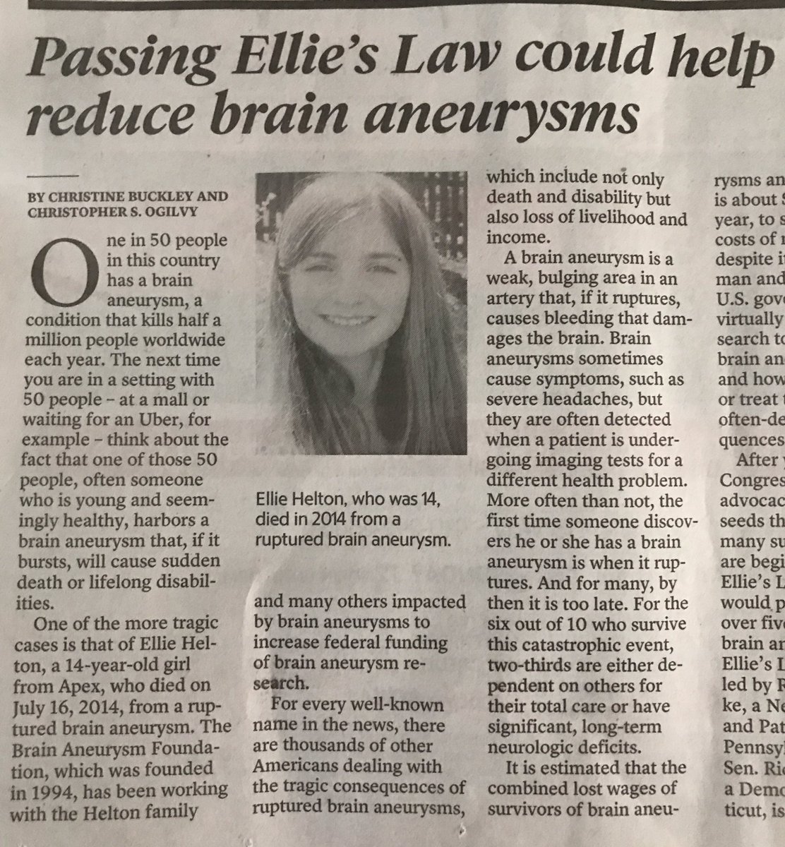 toddhelton's tweet photo. Please read &amp; RT this opinion piece on #ElliesLaw, then contact your Rep. We need ur help to get this done. #livelikeellie #brainaneurysms https://t.co/upywHlFoXq