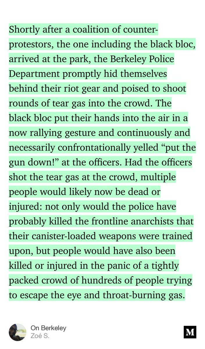 “Shortly after a coalition of counter-protestors, the one including the black bloc, arrived at the park, the Berkeley Police Department promptly hid themselves behind their riot gear and poised to shoot rounds of tear gas into the crowd. The black bloc put their hands into the air in a now rallying gesture and continuously and necessarily confrontationally yelled ‘put the gun down!’ at…” from “On Berkeley” by Zoé S..
