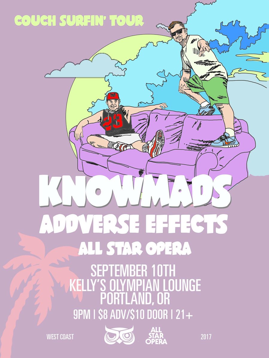 ADDverse Effects (@addverseeffects) on Twitter photo TONIGHT <a href="/Kellys_Olympian/">Kelly's Olympian</a> with <a href="/KnowMadFam/">KnowMads</a> & <a href="/AllStarOpera/">Who is All Star Opera?</a>. Hip-Hop in its purest form going down tonight! #CouchSurfinTour TONIGHT <a href="/Kellys_Olympian/">Kelly's Olympian</a> with <a href="/KnowMadFam/">KnowMads</a> & <a href="/AllStarOpera/">Who is All Star Opera?</a>. Hip-Hop in its purest form going down tonight! #CouchSurfinTour