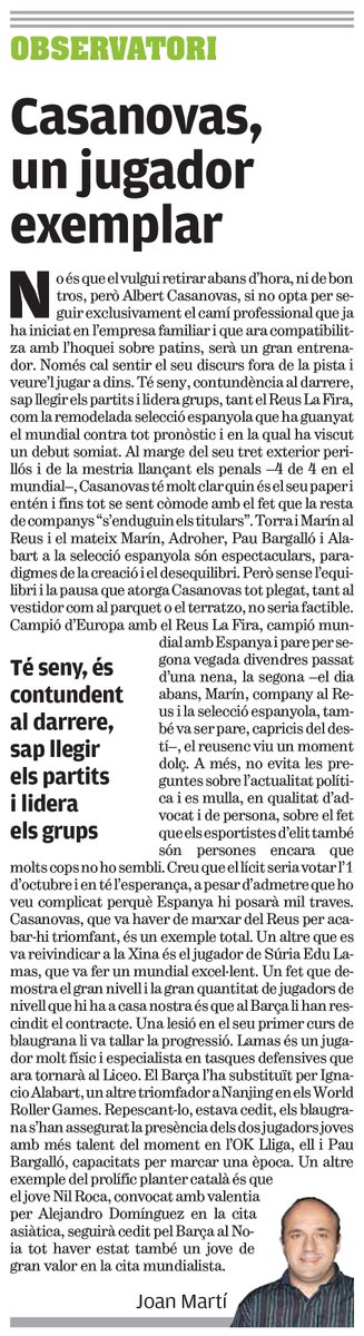 som_dhoquei's tweet image. "@albertcv7, un jugador exemplar". L'OBSERVATORI de Joan Martí a @lesportiucat d'avui: goo.gl/7DPXah #WRG2017 #OKlliga