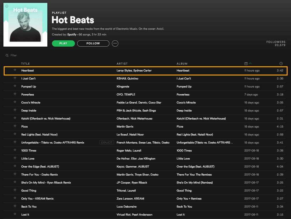 leroy_ofc's tweet photo. Thank you @Spotify for featuring Heartbeat ft. @SydneeeCarter in Hot Beats. https://t.co/YbtwL06qKh
