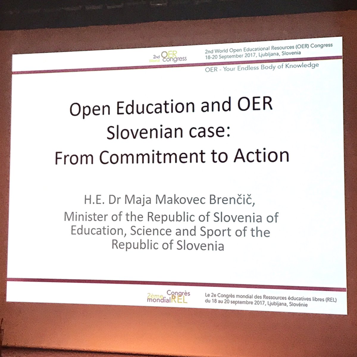 "We are one world, and knowledge pertains to all humanity" – Slovenian education minister <a href="/MajaMakovec/">Maja Zalaznik</a> #oer #oercongress