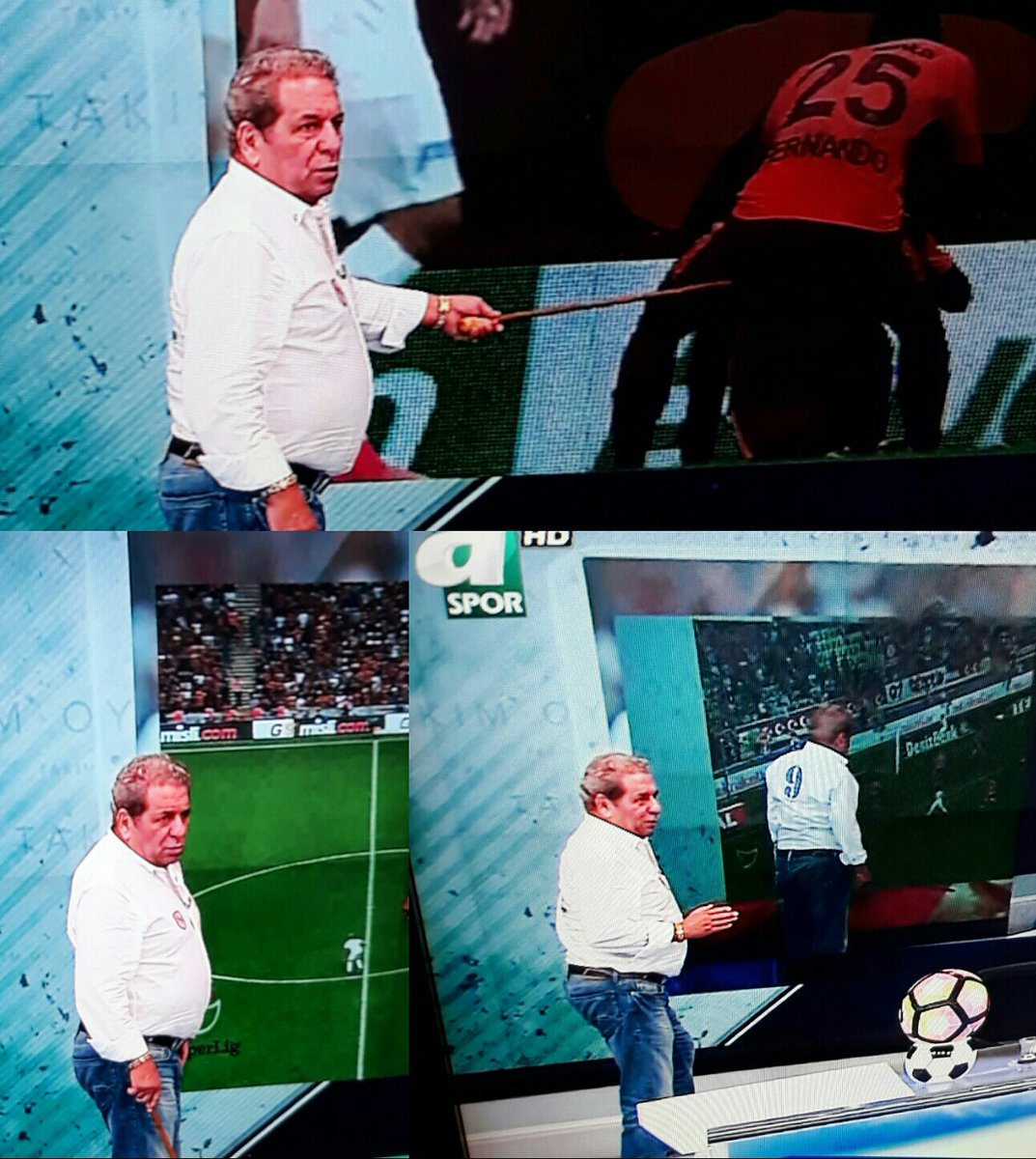 Şu adamın kılık kıyafetine bakın.Elinde sopa p.aksesuarları,bu adam kahvehane,mahalle ağzıyla asporda canlı yayına çıkıyor  Yazık çok yazık