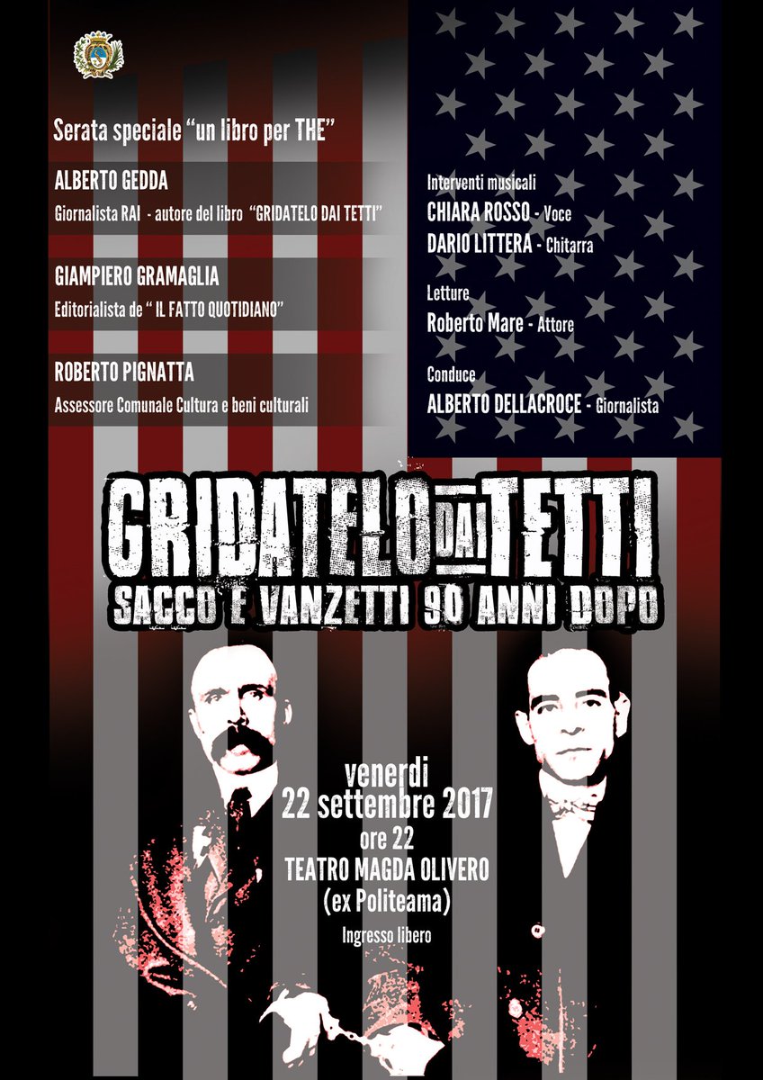 Venerdì 22, h 21 Teatro M. Olivero, speciale un libro per THE:
Novant’anni dopo… gridatelo dai tetti #saccoevanzetti comune.saluzzo.cn.it/un-libro-per-t…