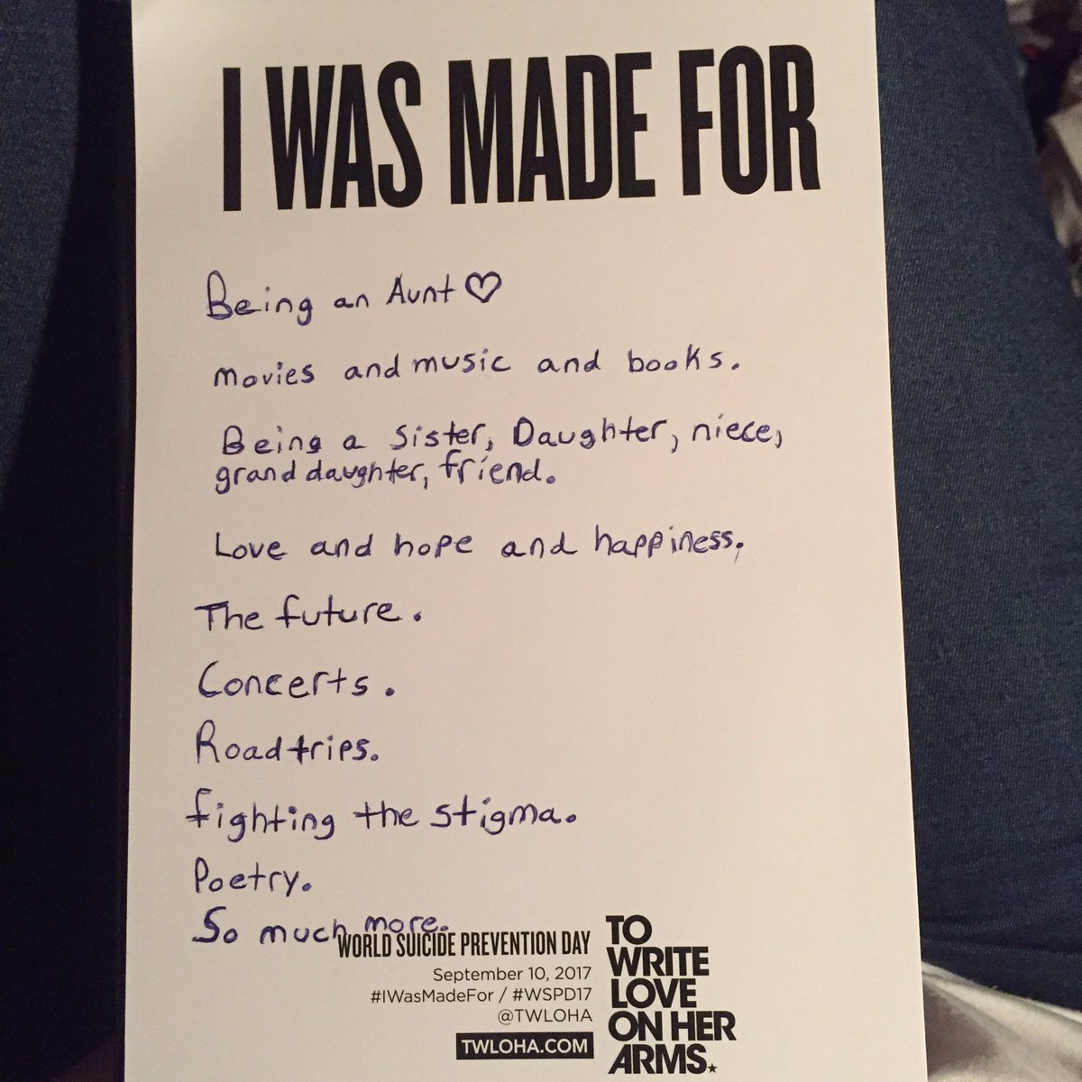 thegentlefine's tweet photo. Stay. Find what you were made for. #IWasMadeFor #WSPD2017 #TWOLA @TWLOHA https://t.co/1BWoShkxcF