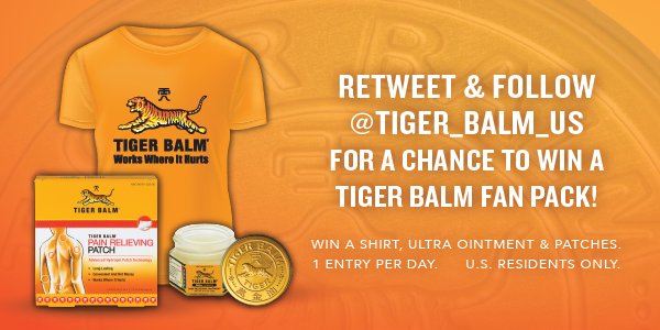 Tiger_Balm_US's tweet photo. RETWEET &amp; FOLLOW for a chance to #win a #TigerBalmFanPack! Enter by Monday. 

#PainRelief #PainAwarenessMonth #Giveaway �� https://t.co/VnmlyCifH4
