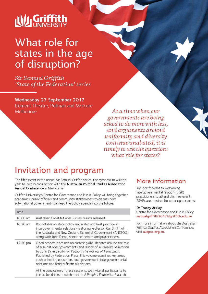 Griffith_SGIR's tweet photo. Don't forget Sir Samuel Griffith Series at #APSA2017 in Mbe. Invitation + program attached @Griffith_CGPP @ANZSOG @GriffithBiz #auspol https://t.co/ZtCuIOdQGF